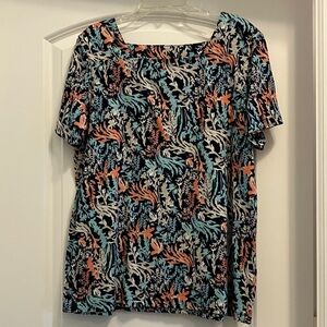 Coral Bay Square Neck Multicolor Short Sleeve Top Size L